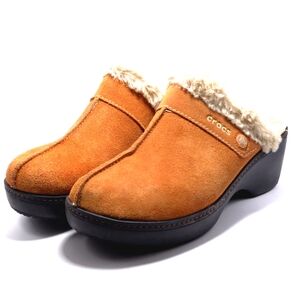 Crocs Cobbler Mules Clogs Shoes Womens Size 9 Brown Suede Slip On Faux Fur Lined